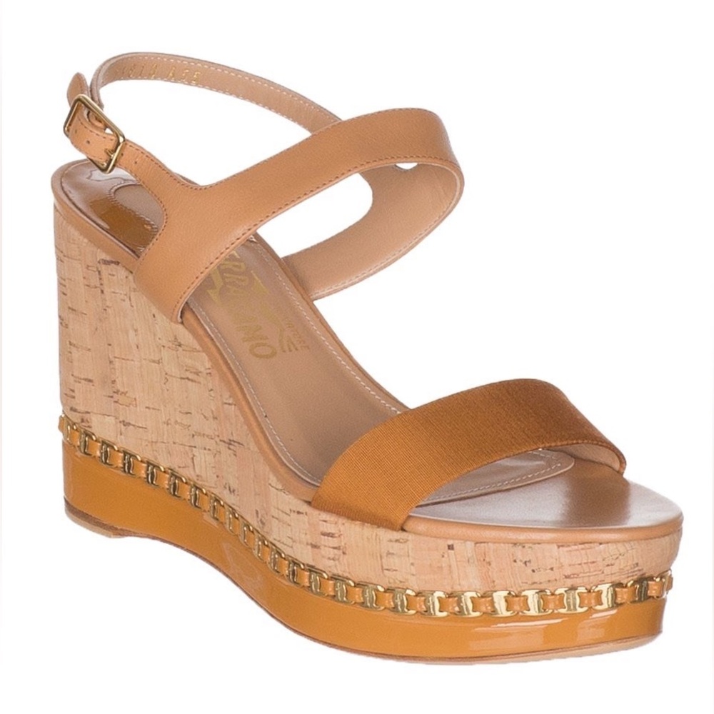 🔥🆕 Ferragamo Mollie Chain Cork Wedges Size 10🔥